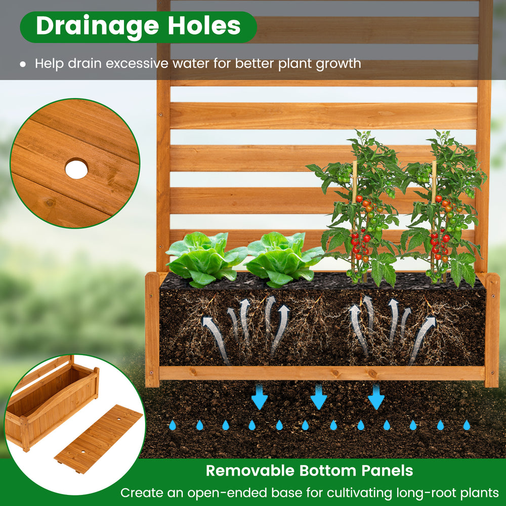 Freestanding outdoor wood privacy screen with planter boxes, drainage holes, and removable bottom panels for plant.