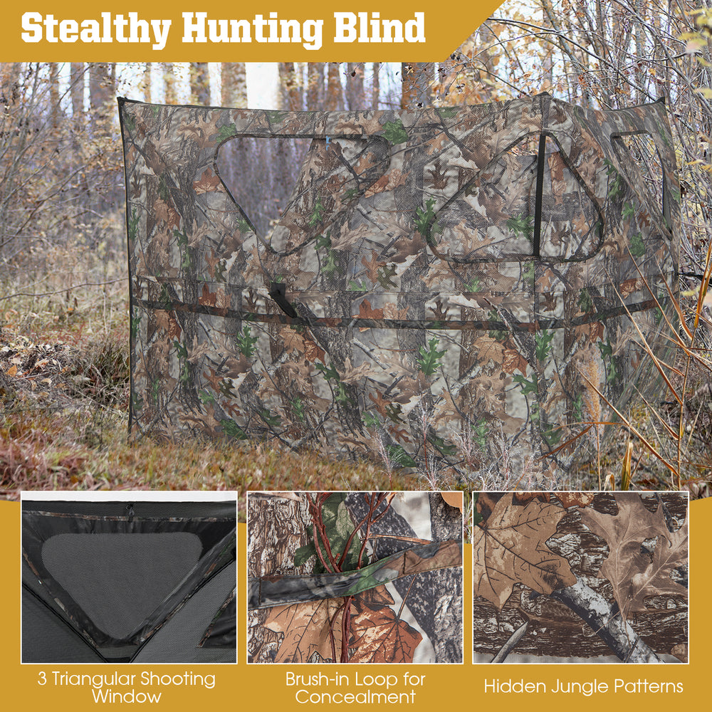 2-panel hunting ground blind with 3 triangular shooting windows and hidden jungle patterns for effective concealment.