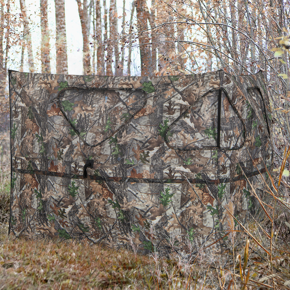 2-panel hunting ground blind with camouflage pattern, featuring 3 shoot-through ports for immersive hunting experiences.