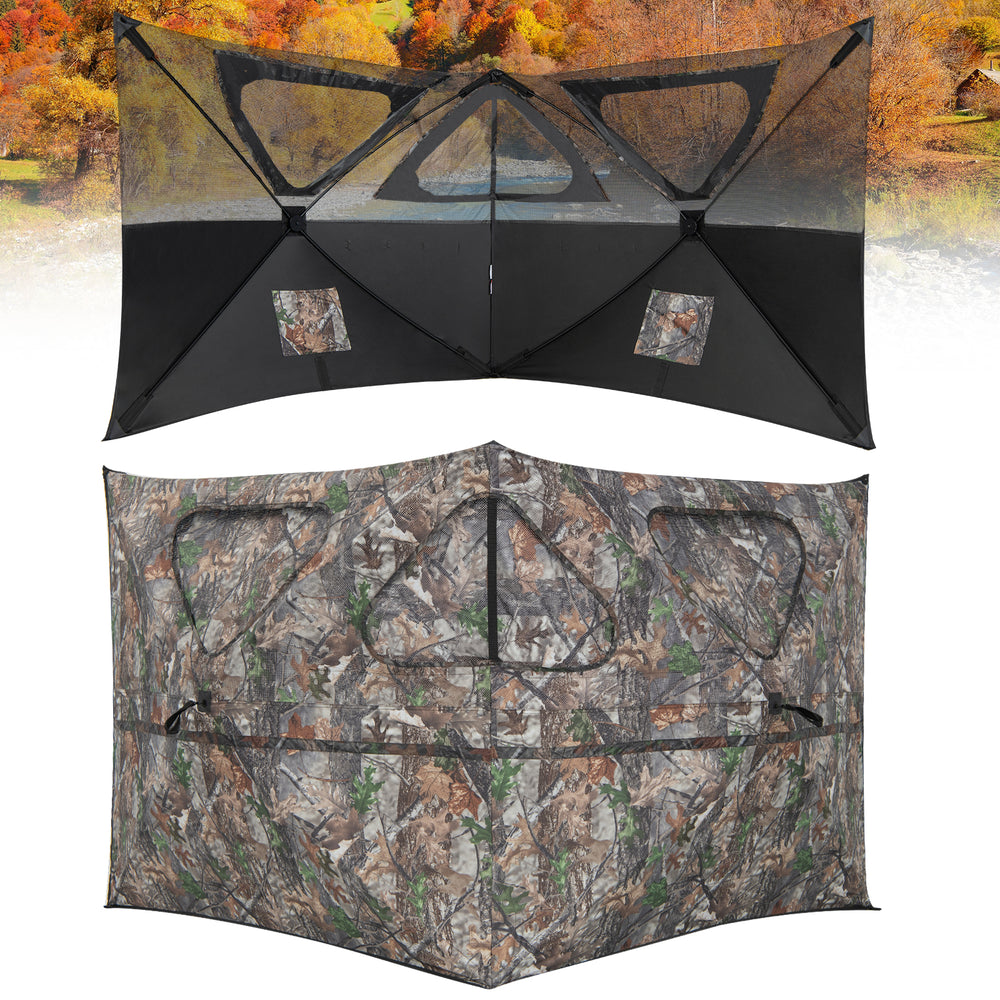 2-panel hunting ground blind with camouflage pattern, featuring 3 shoot-through ports for enhanced visibility and.