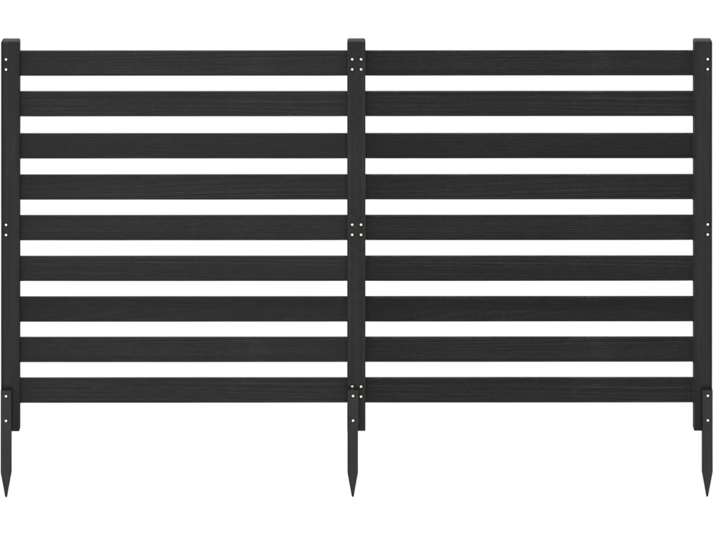Black 2-panel wooden outdoor privacy fence with slatted design and ground stakes for secure installation in various layouts.