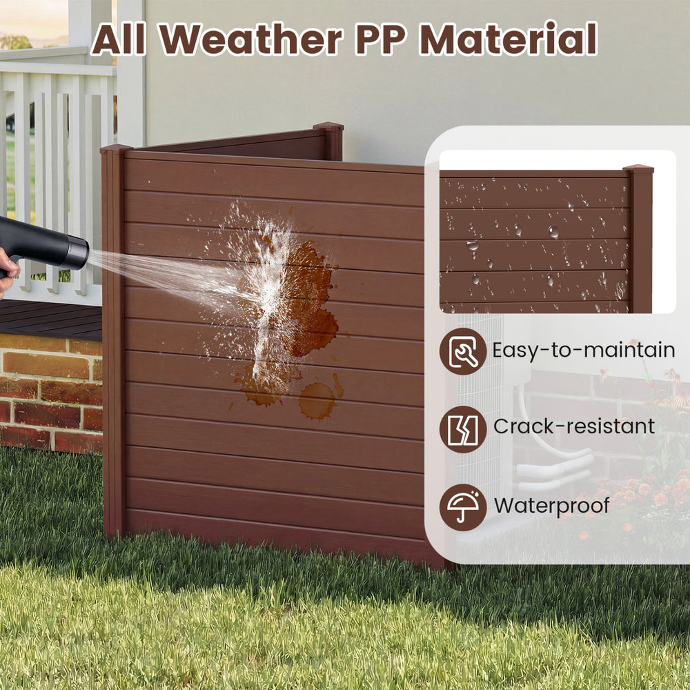 Brown 48 x 48 inch enclosure panels made of all-weather PP material, ideal for concealing trash cans and pool equipment.