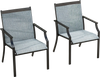 Two blue outdoor dining chairs with breathable seats and a rustproof metal frame, perfect for patio relaxation.