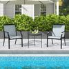 Two blue patio dining chairs with breathable seats and a metal frame, perfect for outdoor relaxation by the pool.
