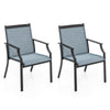 Two large outdoor patio dining chairs with breathable blue seats and a rustproof metal frame for enhanced comfort.