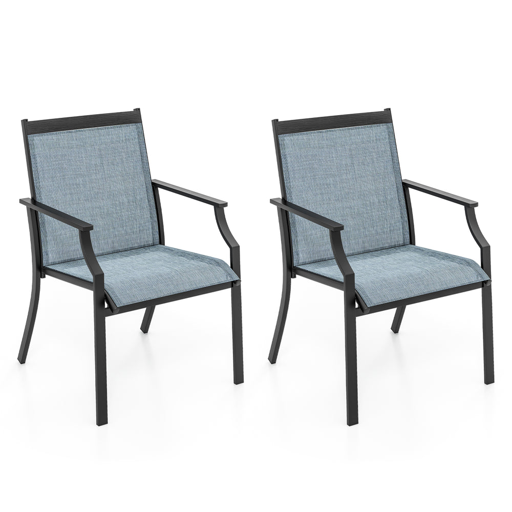 Two large outdoor patio dining chairs with breathable blue seats and a rustproof metal frame for enhanced comfort.