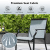 Close-up of breathable seat fabric on a blue patio dining chair, showcasing rip-resistant and fade-resistant features.