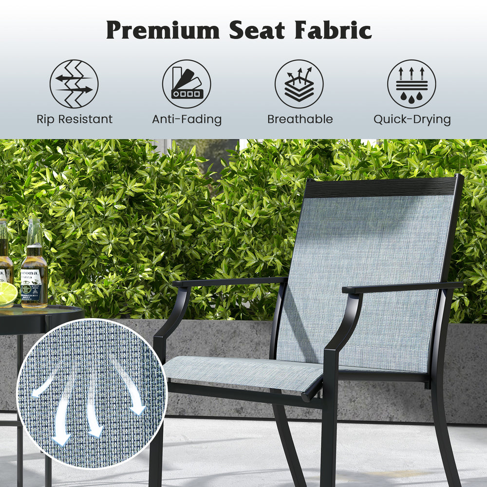 Close-up of breathable seat fabric on a blue patio dining chair, showcasing rip-resistant and fade-resistant features.
