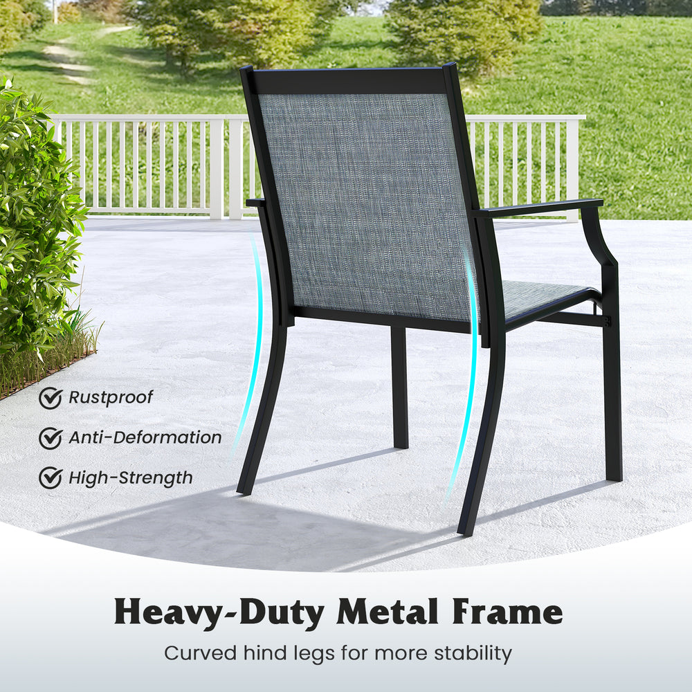 Heavy-duty patio dining chair with a rustproof metal frame and breathable seat, designed for outdoor comfort and.