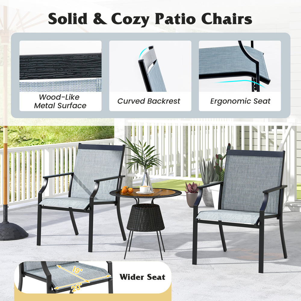 Two blue patio dining chairs with ergonomic design, metal frame, and breathable fabric for outdoor comfort.