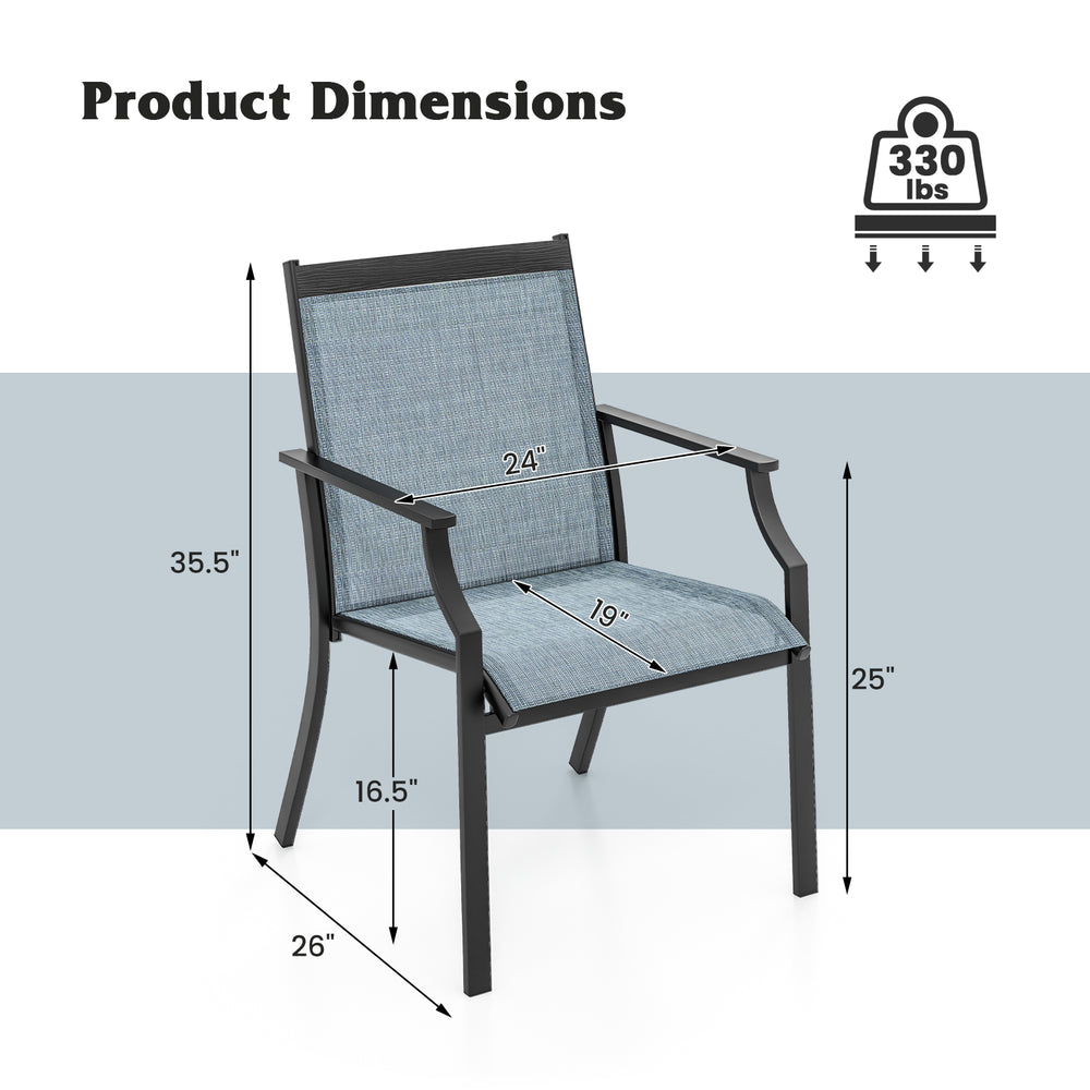 Dimensions of the blue 2-piece patio dining chair with ergonomic design and rustproof metal frame for outdoor use.