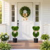 Bear-shaped topiary trees with golden bows in pots, perfect for doorsteps and playful decor. Sun-resistant faux plants.