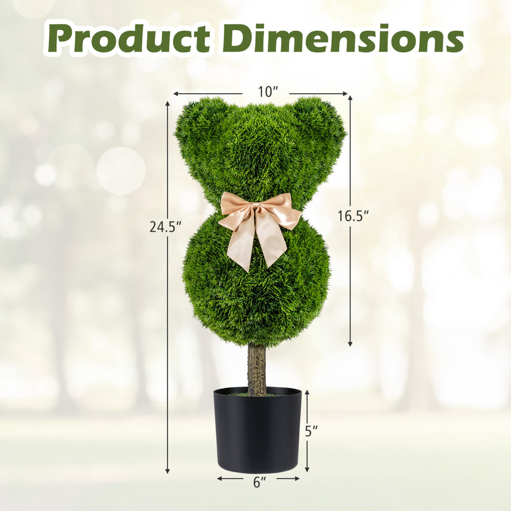 Bear-shaped topiary tree with golden bow, 24.5" tall, in a cement-filled pot, perfect for playful decor and photo areas.