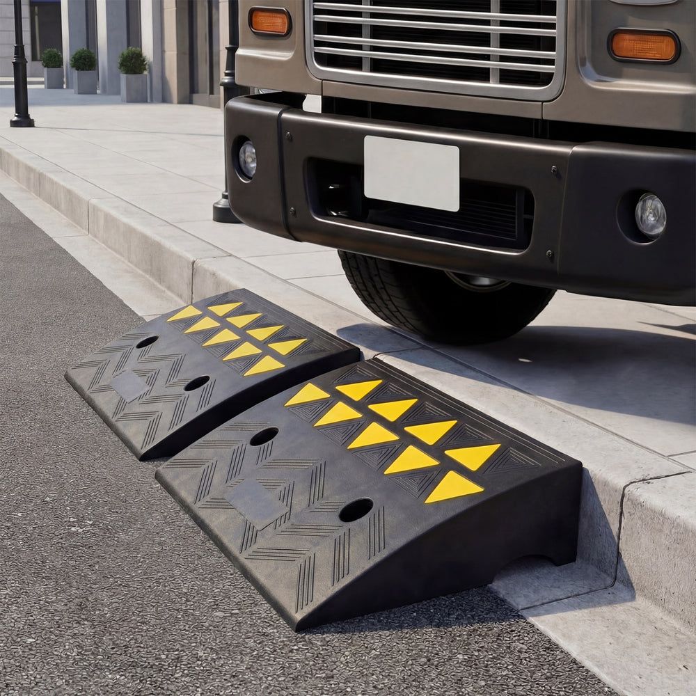 Driveway threshold ramps set with 5/6 inch rise, made of durable rubber, designed for medium trucks and enhanced.