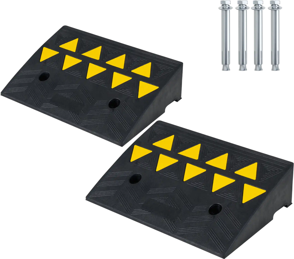 Driveway threshold ramps made of rubber with 5/6 inch rise, featuring reflective patterns for visibility and textured.