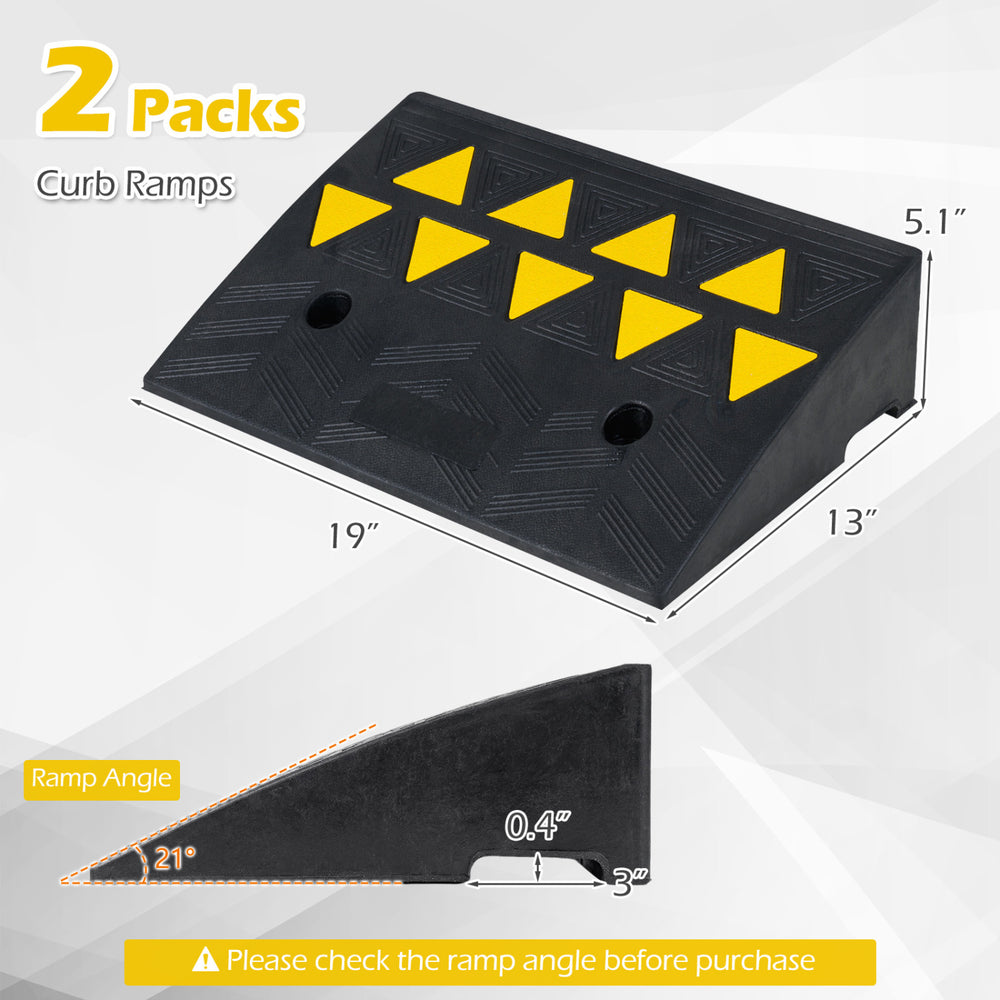 Curb ramp set of 2 made from durable rubber, featuring a 5/6 inch rise and reflective patterns for enhanced visibility.