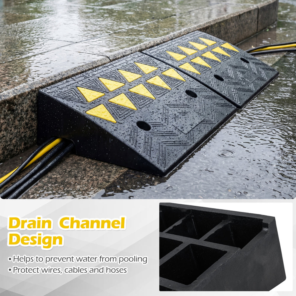 Driveway threshold ramp set with drain channel design, crafted from rubber, supports 33,070 lbs for medium trucks.