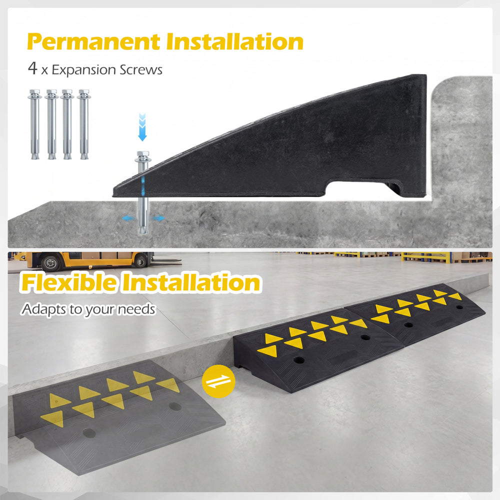 Driveway threshold ramp set with 5/6 inch rise, made of durable rubber for medium trucks, featuring flexible.
