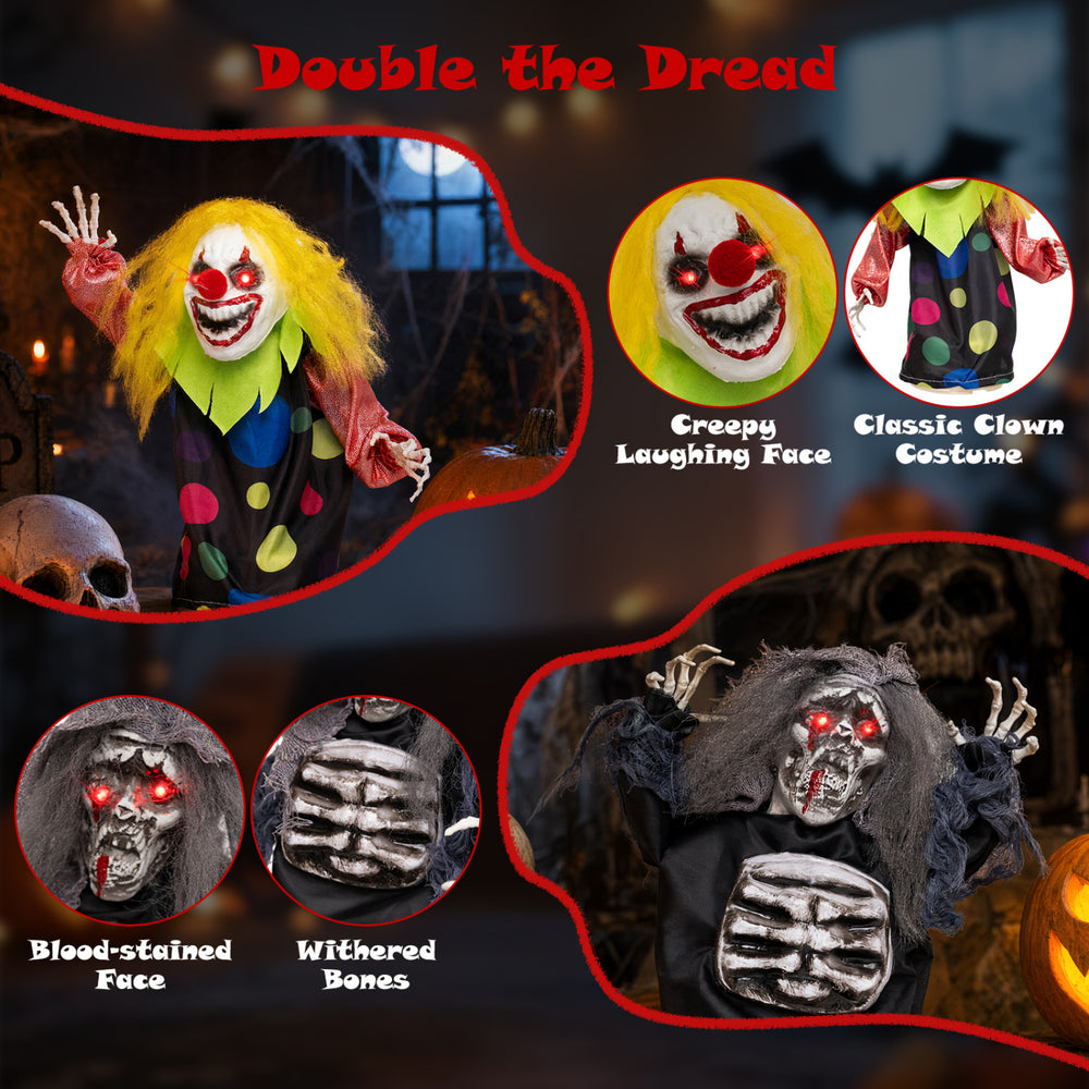Creepy 10.5" clown with laughing face and classic costume, perfect for Halloween tabletop decorations.