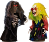 Creepy 10.5" clown and 11" reaper animatronic decorations with glowing eyes and sound activation for Halloween scares.