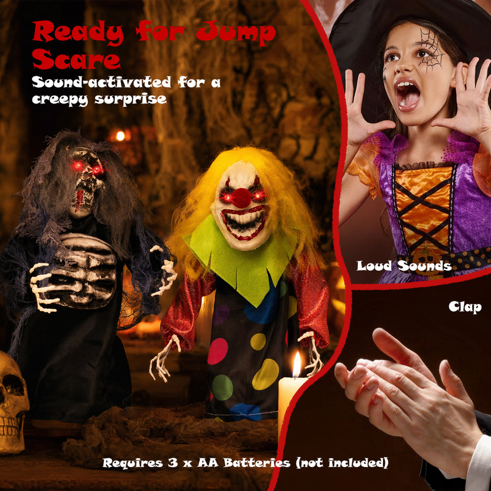 Creepy 10.5" clown and 11" reaper animatronics with sound activation, perfect for Halloween tabletop decorations.