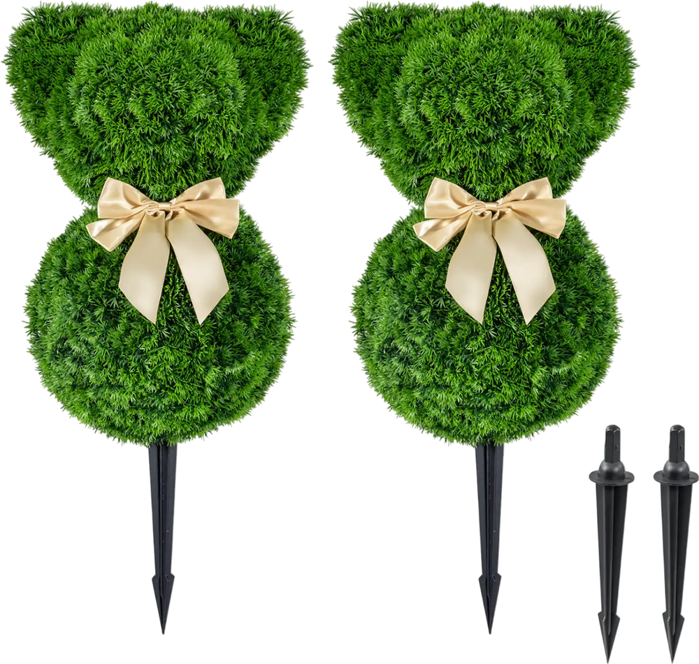 2 Pieces Teddy Bear Topiary Trees Sun-resistant Faux Boxwood Plants with Bowknot