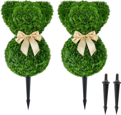 Costway 2-Pc Teddy Bear Topiary Trees Sun-Resistant Faux Boxwood with Bowknot 30840007 New