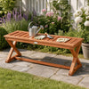 Outdoor bench with slatted seat and cross legs, crafted from hardwood with a teak finish, perfect for patio or garden use.