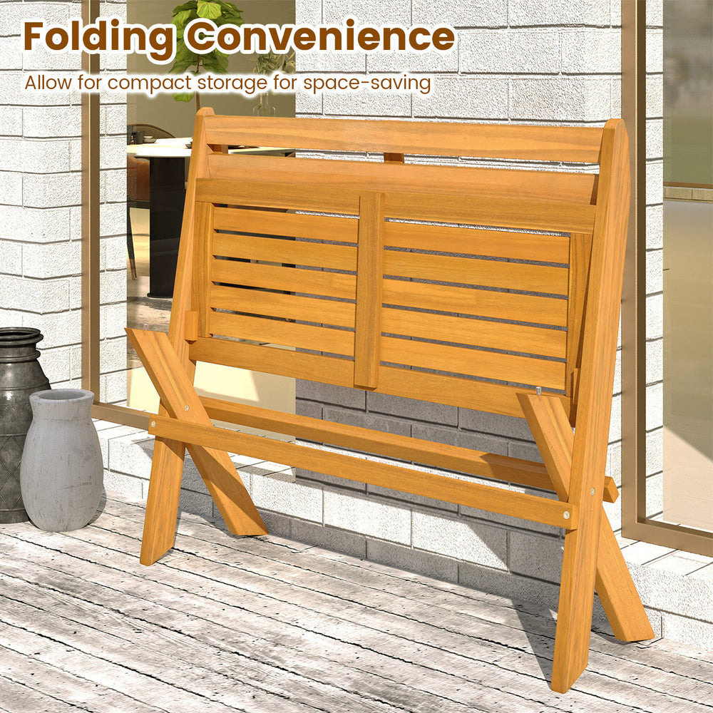 Folding acacia wood patio bench for 2 with 800 lbs capacity, ideal for compact storage and outdoor relaxation.