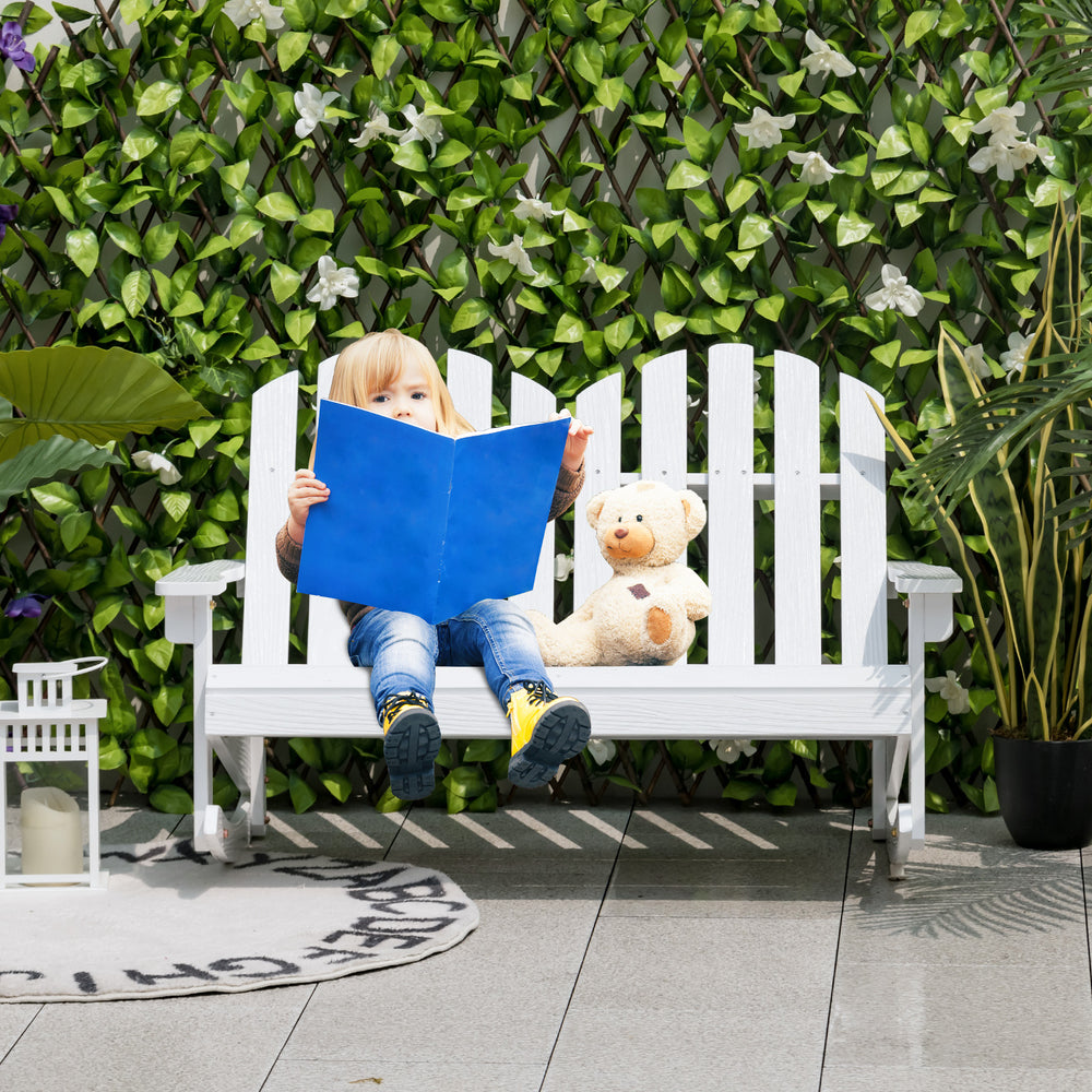 White 2-person Adirondack rocking chair with slatted seat, perfect for outdoor use in backyard or poolside settings.