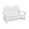 White 2-person Adirondack rocking chair with slatted seat, made from weather-resistant fir wood, ideal for outdoor use.