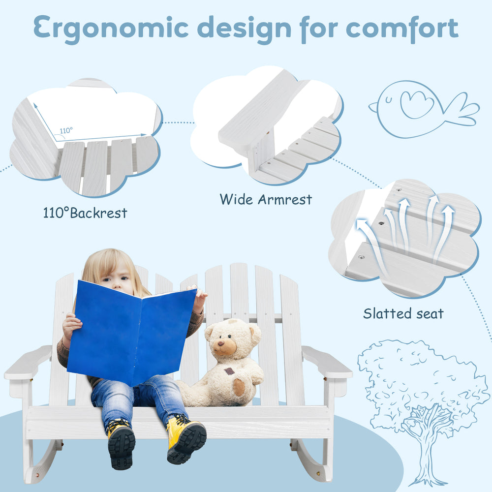 2 Person Adirondack rocking chair with slatted seat, made from weather-resistant fir wood, ideal for outdoor relaxation.