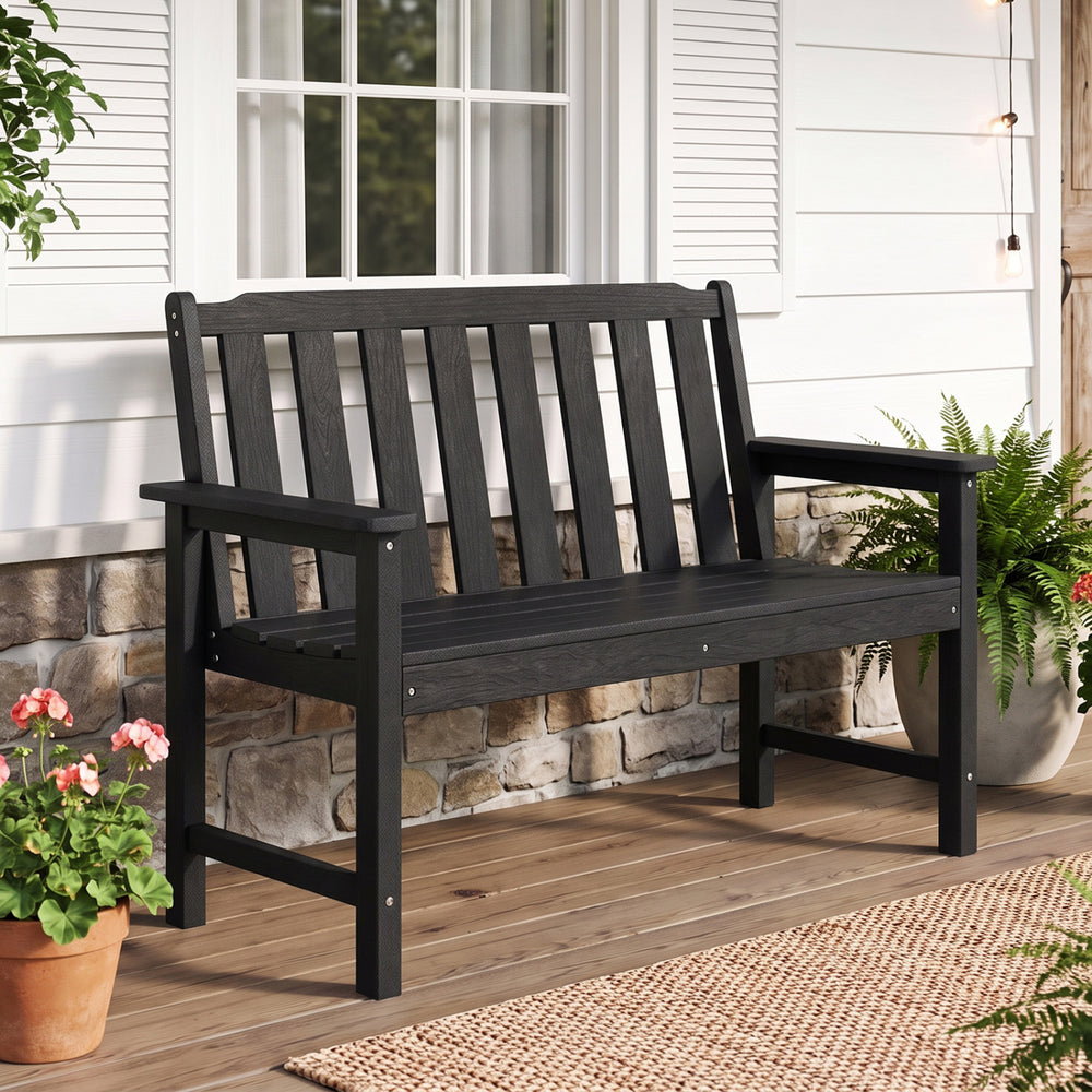2-Person All Weather HDPE Outdoor Garden Bench with Backrest and Armrests-Black - Gallery View 1 of 10