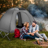 Couple enjoying a 2-person camping cot tent in grey, ideal for outdoor adventures and stargazing at night.