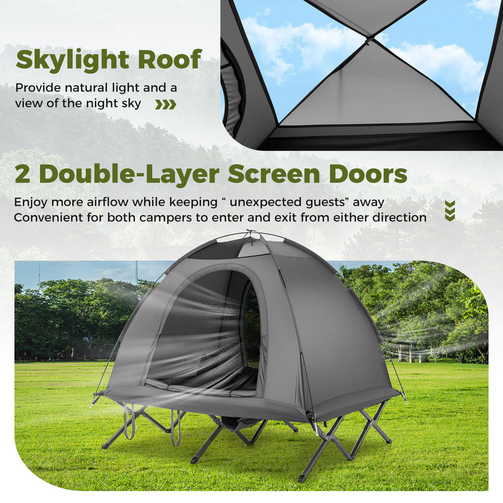 Camping cot tent with skylight roof and double-layer mesh doors, ideal for outdoor use and stargazing at night.