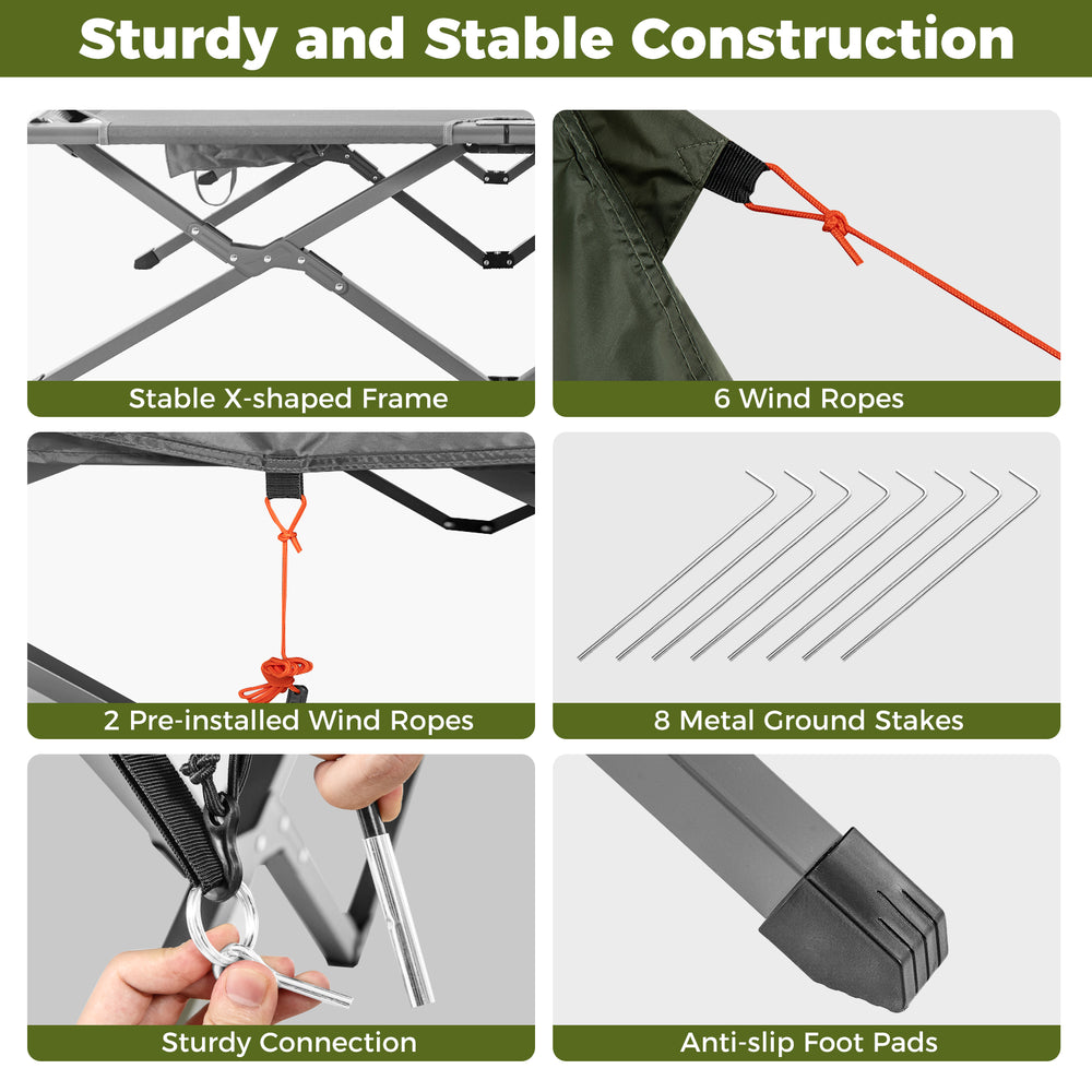 Sturdy connection detail of the 2-person camping cot tent combo with anti-slip foot pads and wind ropes for stability.