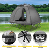 Foldable 2-person camping cot tent in grey with mesh doors, pockets, and shoe storage for outdoor adventures.