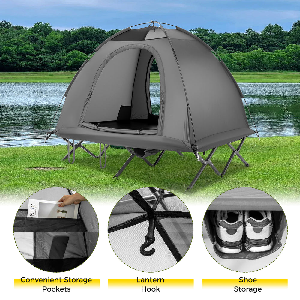 Foldable 2-person camping cot tent in grey with mesh doors, pockets, and shoe storage for outdoor adventures.