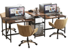 2-person computer desk in rustic brown with power outlet, featuring dual monitors and a printer stand for organized.