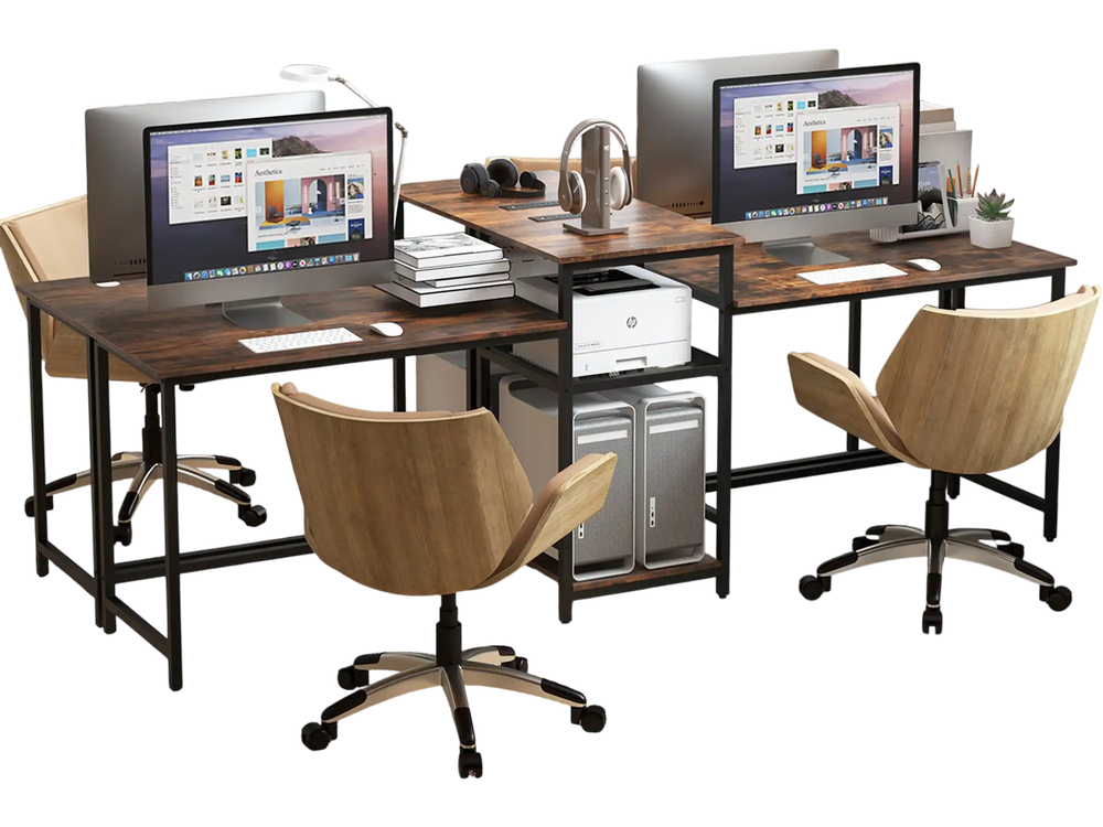 2-person computer desk in rustic brown with power outlet, featuring dual monitors and a printer stand for organized.