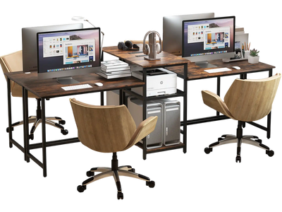 Costway 2-Person Computer Desk with Power Outlet Printer Stand Rustic Brown 37952681 New