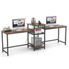 2-person computer desk in rustic brown with power outlet, printer stand, and open shelves for organized workspace.