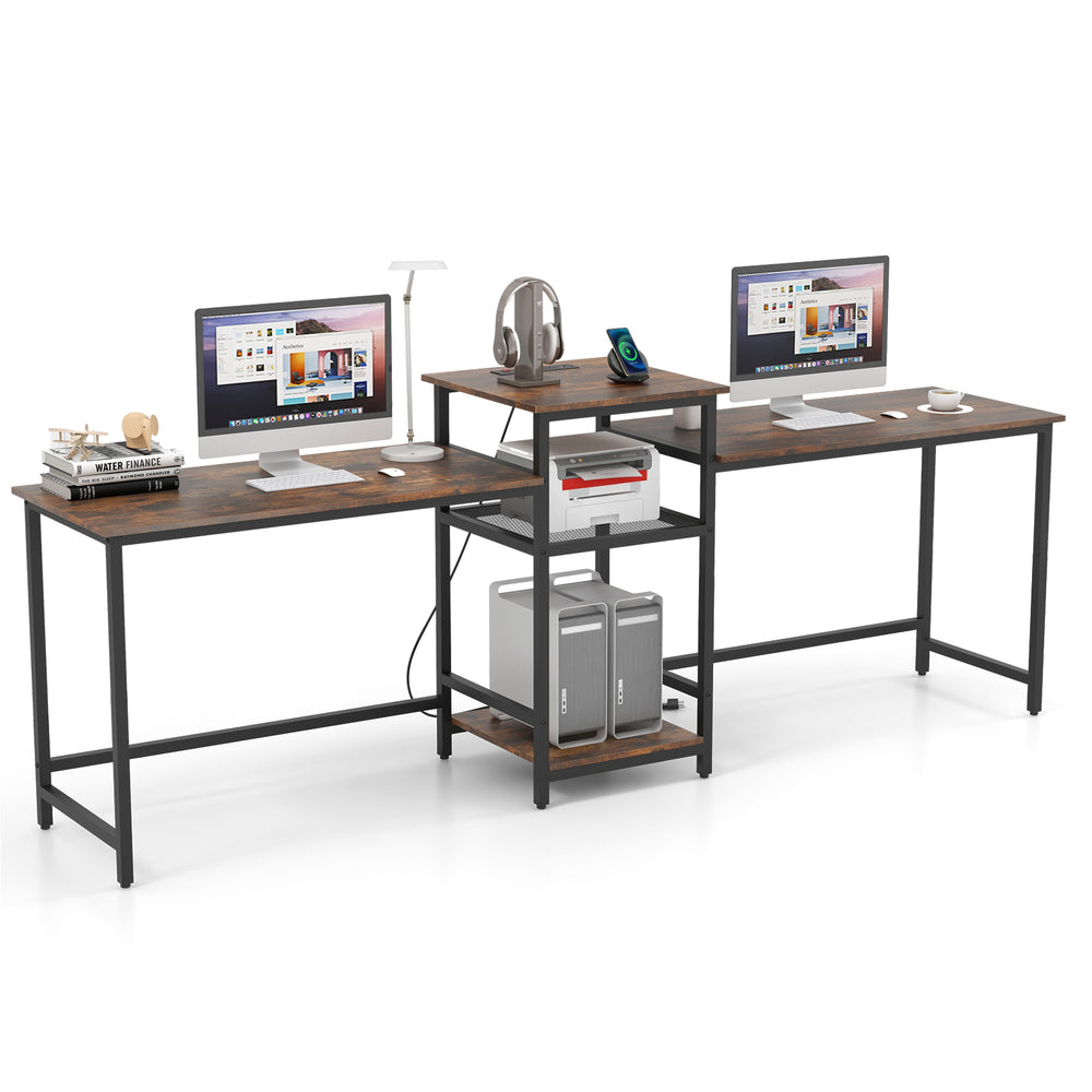 2-person computer desk in rustic brown with power outlet, printer stand, and open shelves for organized workspace.
