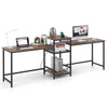 2-person computer desk in rustic brown with power outlet and printer stand, featuring open shelves for storage.