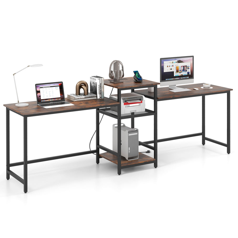 2-person computer desk in rustic brown with power outlet and printer stand, featuring open shelves for storage.