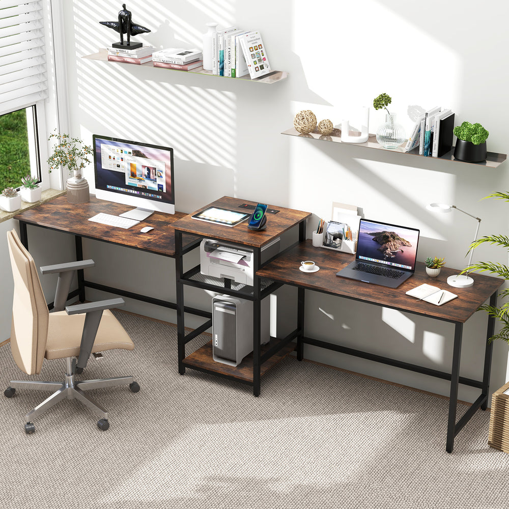 2-person computer desk in rustic brown with a spacious tabletop and printer stand, ideal for a clutter-free office.