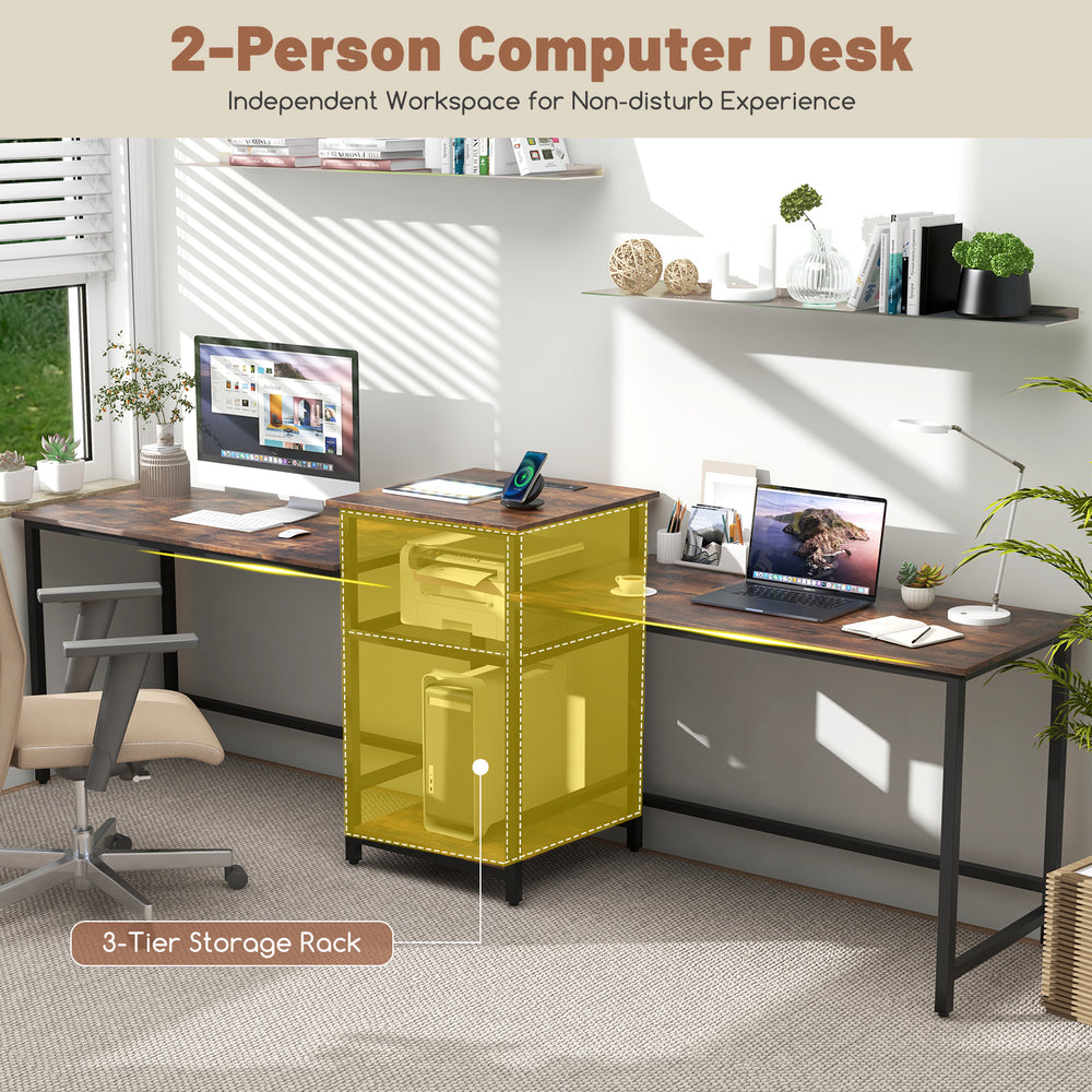 2-person computer desk in rustic brown with a 3-tier storage rack and built-in power outlet for efficient workspace.