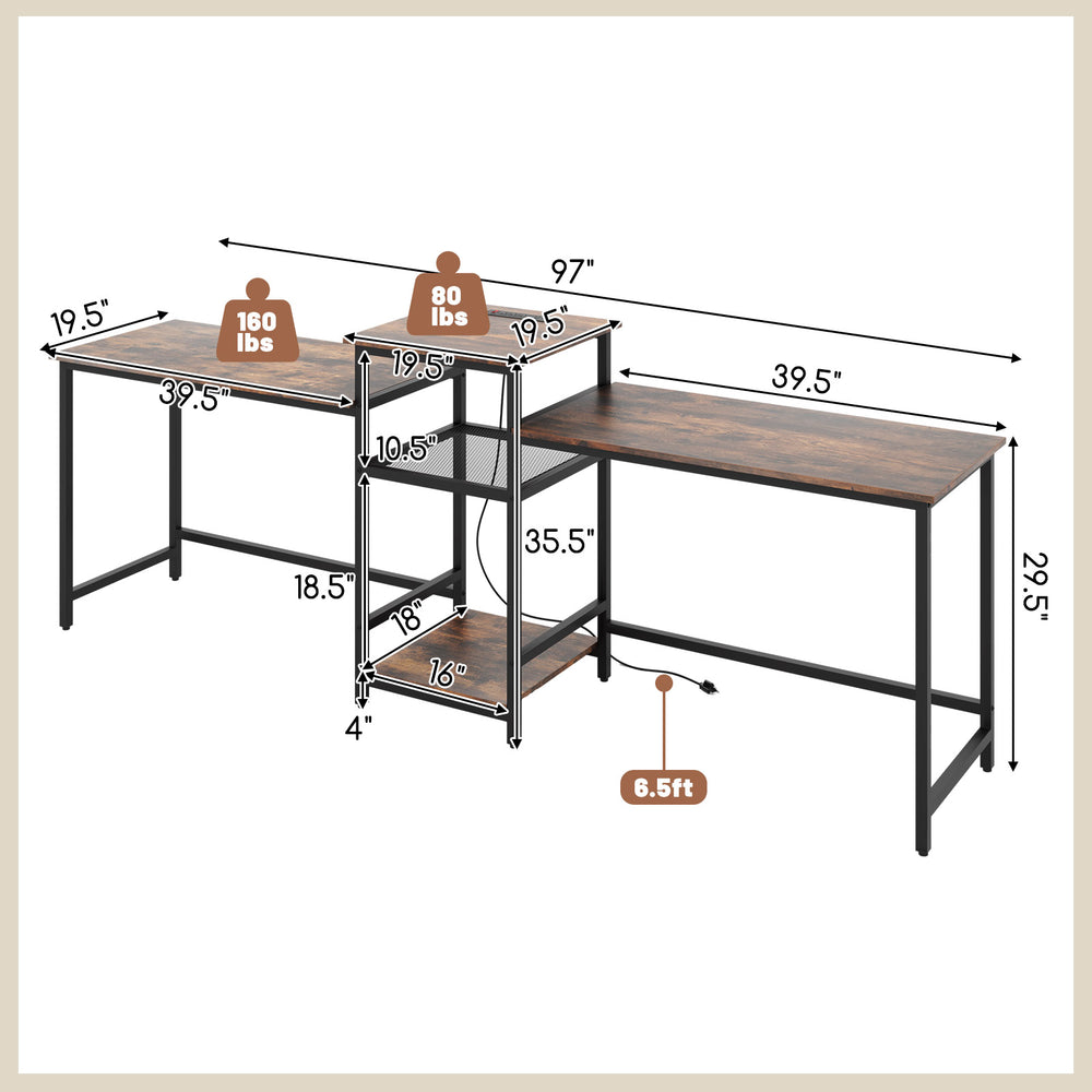 2-person computer desk with rustic brown finish, featuring power outlet, printer stand, and adjustable foot pads for.