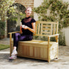 Natural 2-person garden bench with backrest and 49-gallon storage, perfect for outdoor relaxation.