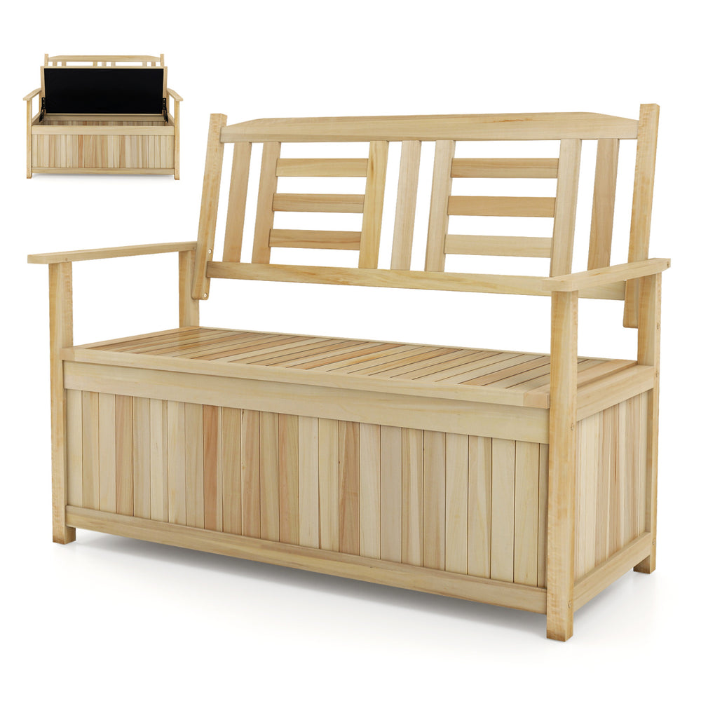 Natural 2-person garden bench with backrest and 49-gallon storage, perfect for outdoor seating and organization.